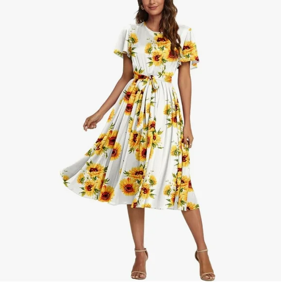 PLUS SIZE NILOUFO Womens Ruffle Sleeves Belted Elastic Waist Pleated Long Dress - Picture 2 of 5